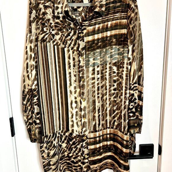 Chico's Long-Lined Brown Aviana Striped Leopard Print Sheer Blouse Tunic Size L - Picture 3 of 5